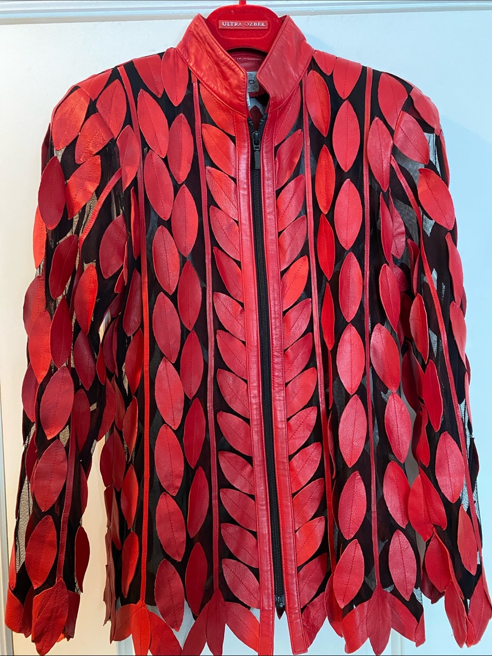 💯 Genuine Lamb Leather Stunning Red Leather Leaves Full Zip Jacket